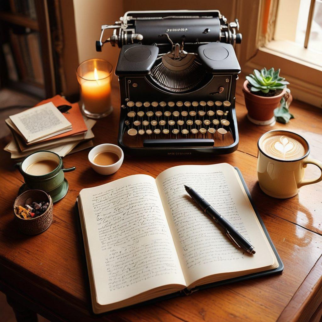 A beautifully crafted open journal with vibrant pages filled with handwritten notes and sketches, surrounded by a cup of steaming coffee, a vintage typewriter, and scattered colorful pens. The background features soft, warm lighting that evokes a cozy, creative atmosphere, inviting aspiring writers to explore their craft. The scene should be rich in detail and creativity, showcasing inspiration in every corner. super-realistic. warm colors. cozy ambiance.