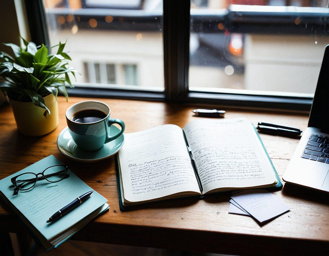 An open notebook with handwritten notes and a fountain pen resting on it, surrounded by crumpled paper, a steaming cup of coffee, and a laptop displaying a blog interface. In the background, a bright window with soft sunlight casting shadows, symbolizing inspiration. The scene conveys the journey of writing and content creation, filled with creativity and introspection. vibrant colors. soft focus.