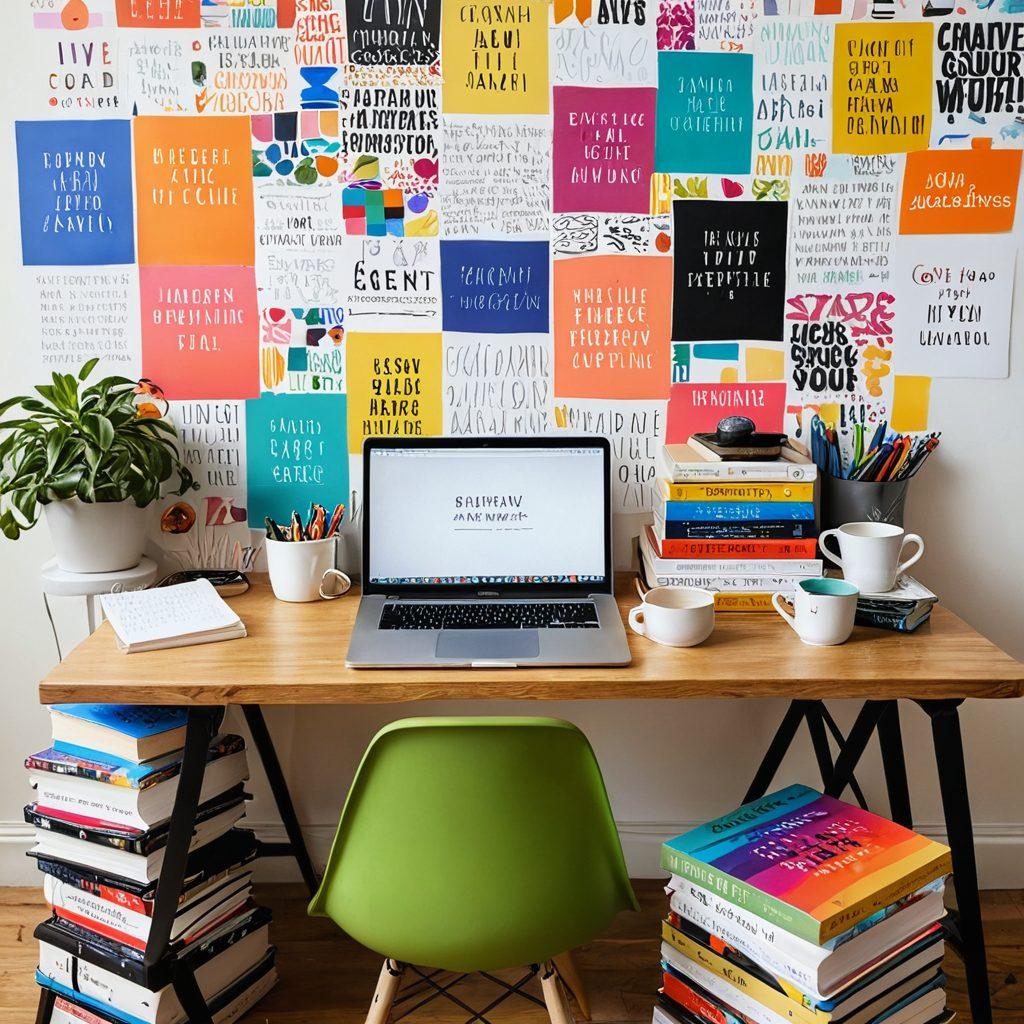A vibrant writing desk filled with colorful books, a laptop displaying an engaging article, and steaming coffee, surrounded by inspiring quotes on a bright wall. Include a diverse group of people discussing passionately around the desk, demonstrating engagement and collaboration. super-realistic. vibrant colors. white background.